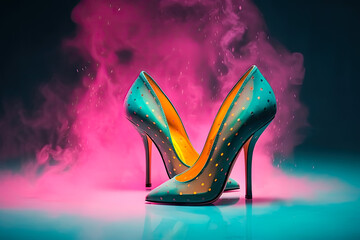 Hyperrealistic fashion product shot of high heels isolated on a background. Yellow, pink, and blue. Dots and smoke all around (generative AI) 3D render