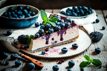 homemade blueberry cheese cake on wooden background