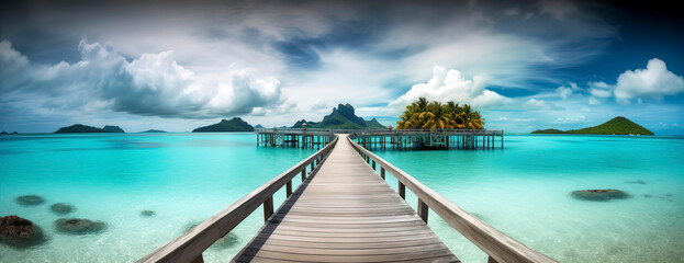 Fototapeta na wymiar Pier in a tropical island paradise in beautiful clear water.