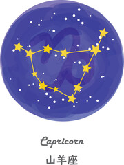 星空を背景に描かれたやぎ座の星座線と、星座の名前が英語と日本語で描かれたイラスト