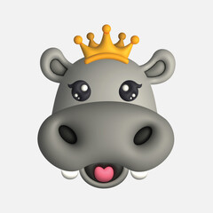 3D Render Happy Cute Hippo Head with Crown (Vector)