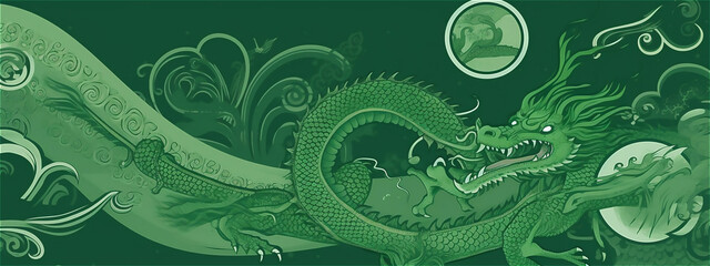 The symbol of 2024 is the Green Dragon. The concept of the Eastern New Year according to the lunar calendar. Banner. Close-up. Generative Ai content.