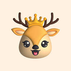3D Render Happy Cute Deer Head with Crown (Vector)