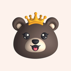 3D Render Happy Cute Bear Head with Crown (Vector)