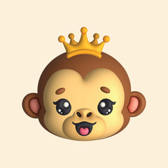 3D Render Happy Cute Monkey Head with Crown (Vector)
