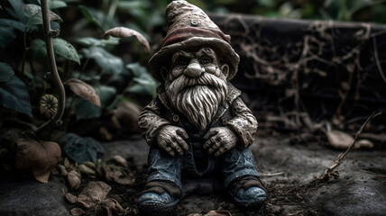 Old country gritty dark haunting garden gnome in an abandoned garden.