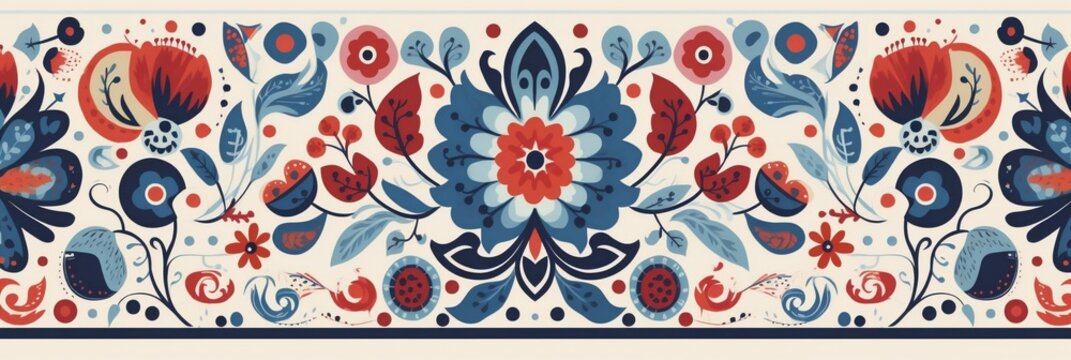 Fototapeta Scandinavian traditional folk art, texture Background design, colorful, floral, Generative AI