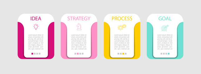 Business infographics. 4 stages of achieving the goal. Stages of the workflow, development, marketing, plan or training. Business strategy with icon icons. Report or statistics schema.