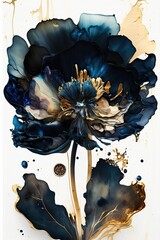 Luxurious white blue and gold floral design, with thick paint lines, Generative Ai