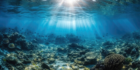 Fototapeta na wymiar Underwater sea in blue sunlight. Generative AI