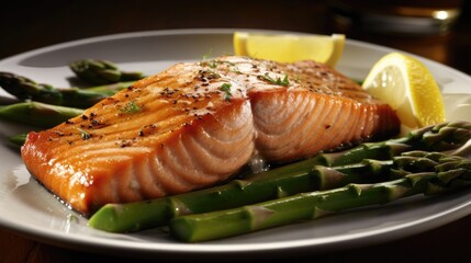 A Plate Of Salmon With Asparagus And Lemon Slices. Generative AI