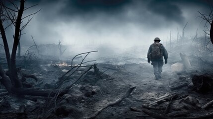 Obraz na płótnie Canvas A Soldier Walking Through A Smoke. Generative AI