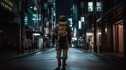 A Soldier In Full Gear Patrolling Through A Dark And Empty City Street. Generative AI