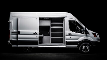 A White Delivery Van With The Door Open On A Black Background. Generative AI