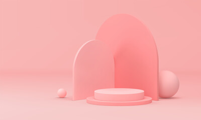 Pink 3d pedestal level cylinder stage basic foundation curved wall realistic vector illustration