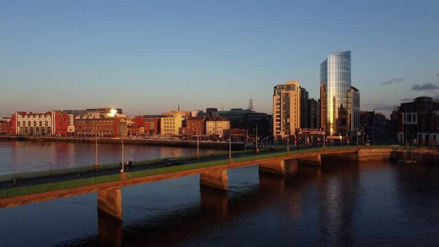 Bird's-eye view of a bridge over the Shannon River in the sunset, Ireland