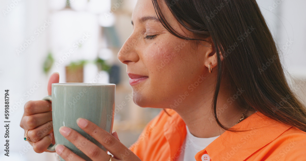 Poster Relax, thinking and happy woman with coffee on break drinking with smile on face with peace and calm. Freedom, happiness and smiling girl enjoying nostalgic memory, aroma and cup at tea time in home.