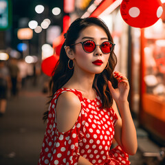 Photo of cute japanese female influencer, in a vibrant red and white polka dot dress. Generative AI