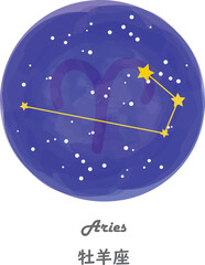 Obraz na płótnie Canvas 星空を背景に描かれたおひつじ座の星座線と、星座の名前が英語と日本語で描かれたイラスト
