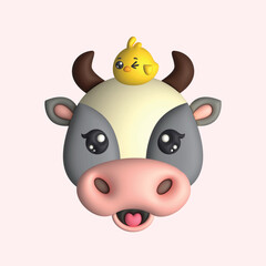3D Render Happy Cute Cow Head with Chick (Vector)