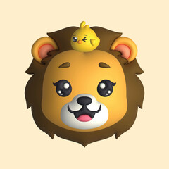 3D Render Happy Cute Lion Head with Chick (Vector)