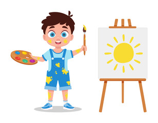 Boy painting with watercolors, vector illustration
