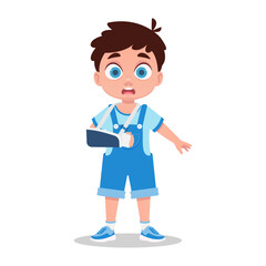 Sad boy with a broken arm