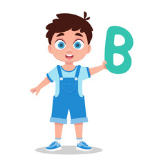 The boy holds the letter B in his hand