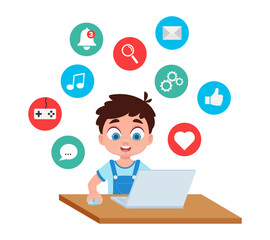 The boy works at a laptop, looking for information on the Internet, social networks