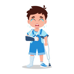 Cute boy crying with broken arm, broken leg