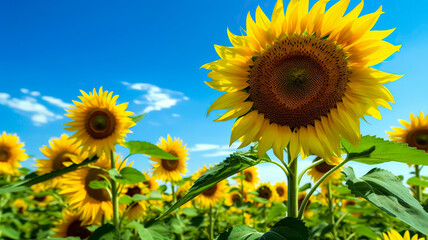 Close-up of a vibrant yellow sunflower field in full bloom, with the sunflowers reaching for the sun and their bright petals contrasting against the deep blue sky.