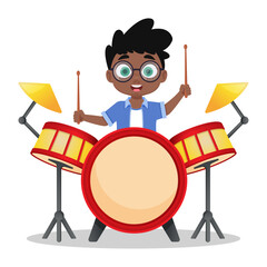 Cute boy playing drums, child playing a musical instrument