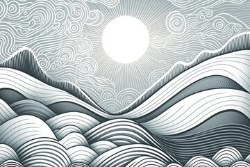 scenic ocean view with a glowing sun in the horizon. Generative AI