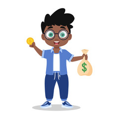 Boy investor with a coin in his hand and a bag of money