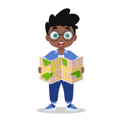 Cute boy holding a map. Vector illustration