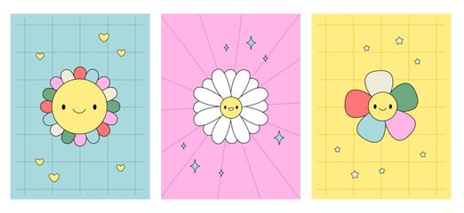 Set posters cute flowers, trendy y2k illustration, nostalgia for 90s