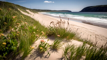 Pristine, sandy beach with gentle waves lapping at the shore, framed by a foreground of green dune grass and colorful wildflowers.