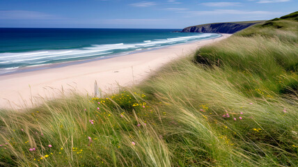 Fototapeta na wymiar Pristine, sandy beach with gentle waves lapping at the shore, framed by a foreground of green dune grass and colorful wildflowers.