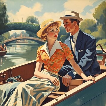 couple on the boat, man and woman, man and woman on a boat, boat, canal, 1950's advertising style, AI art, AI generated image