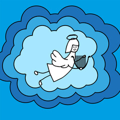 Doodle Angel on the blue clouds. Simple black contour Cherub with halo in Haven. Hand Drawn Angel. Vector illustration.