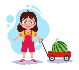 Cute child with cart and watermelon