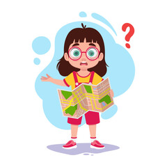 A child with a map in his hands, the child is looking for a way