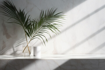 Modern minimal empty white marble stone counter table top, palm tree in sunlight, leaf shadow on concrete wall background for luxury organic cosmetic, skin care, beauty treatment product display