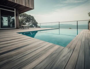 Naklejka na ściany i meble Empty wooden floor deck at vacation home or hotel. Luxury beach house with sea view swimming pool and terrace in modern design.