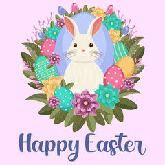 Easter illustration with bunny, flowers, Easter eggs, background, banner or seasonal card, spring illustration, holiday illustration 