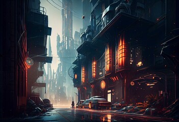 Fototapeta na wymiar Cyberpunk town, futuristic city, dystoptic artwork, 4k wallpaper. Digital illustration. Generative AI