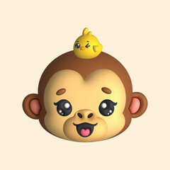 3D Render Happy Cute Monkey Head with Chick (Vector)