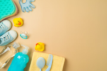 Baby bath and children health care products on modern background. Infant shampoo, duck toys and...