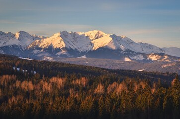Charming panorama of the Polish Tatra Mountains in the morning. View of the West Tatras from the village of Lapszanka, Poland.