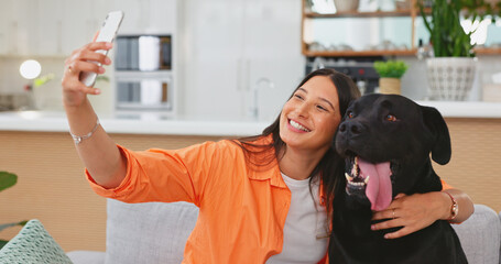 Woman, dog and selfie on living room sofa in home for care hug, touch and embrace for happy...